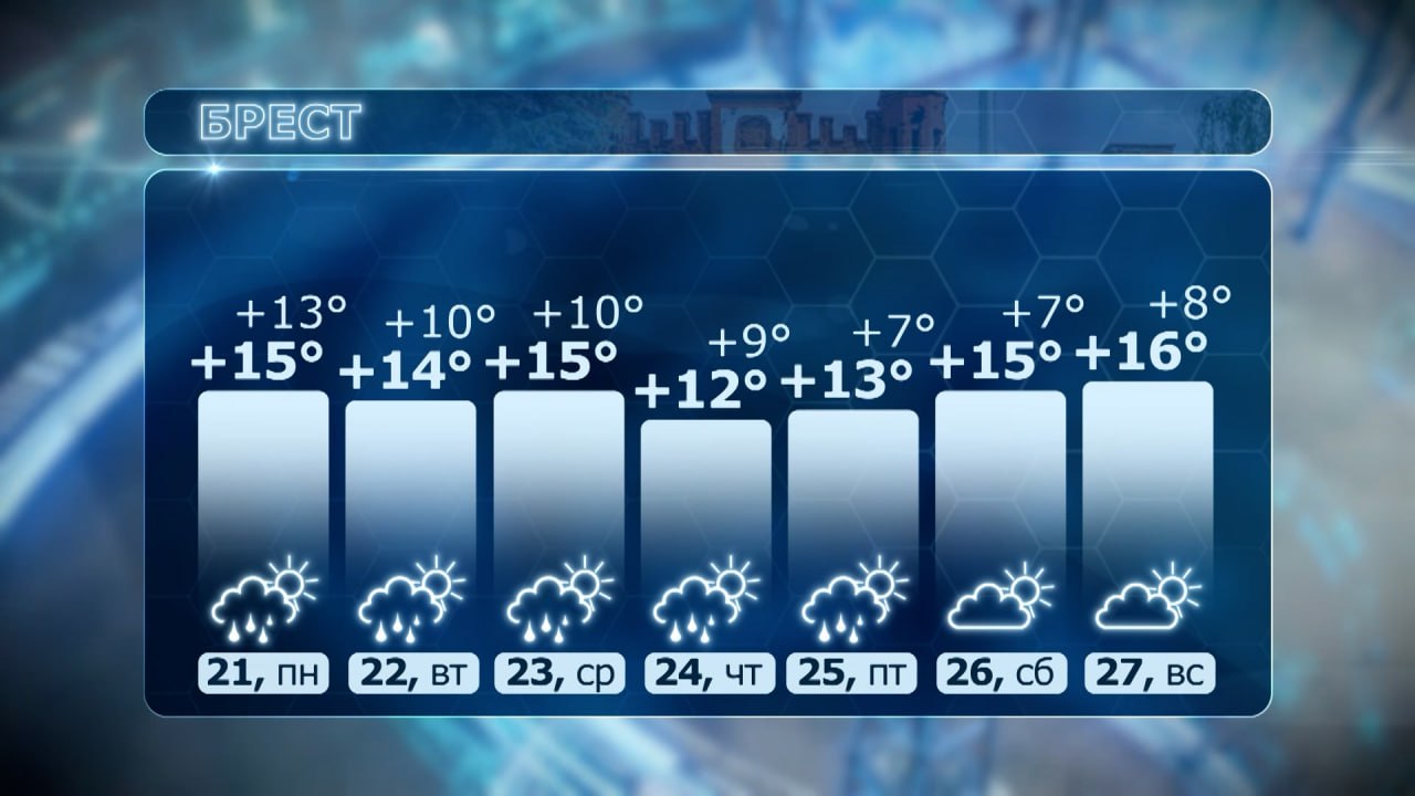 Прогноз погоды в Бресте на неделю. Температура днем от +12°C до +16°C, ночью от +7°C до +13°C. В начале не